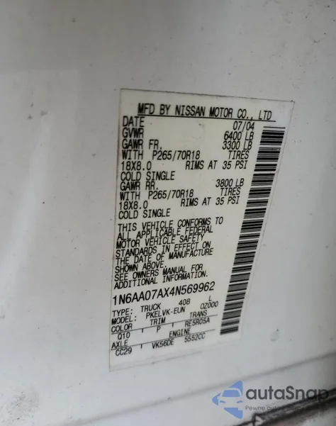 2004 Nissan Titan Xe z USA, uszkodzony, nr VIN 1N6AA07AX4N569962